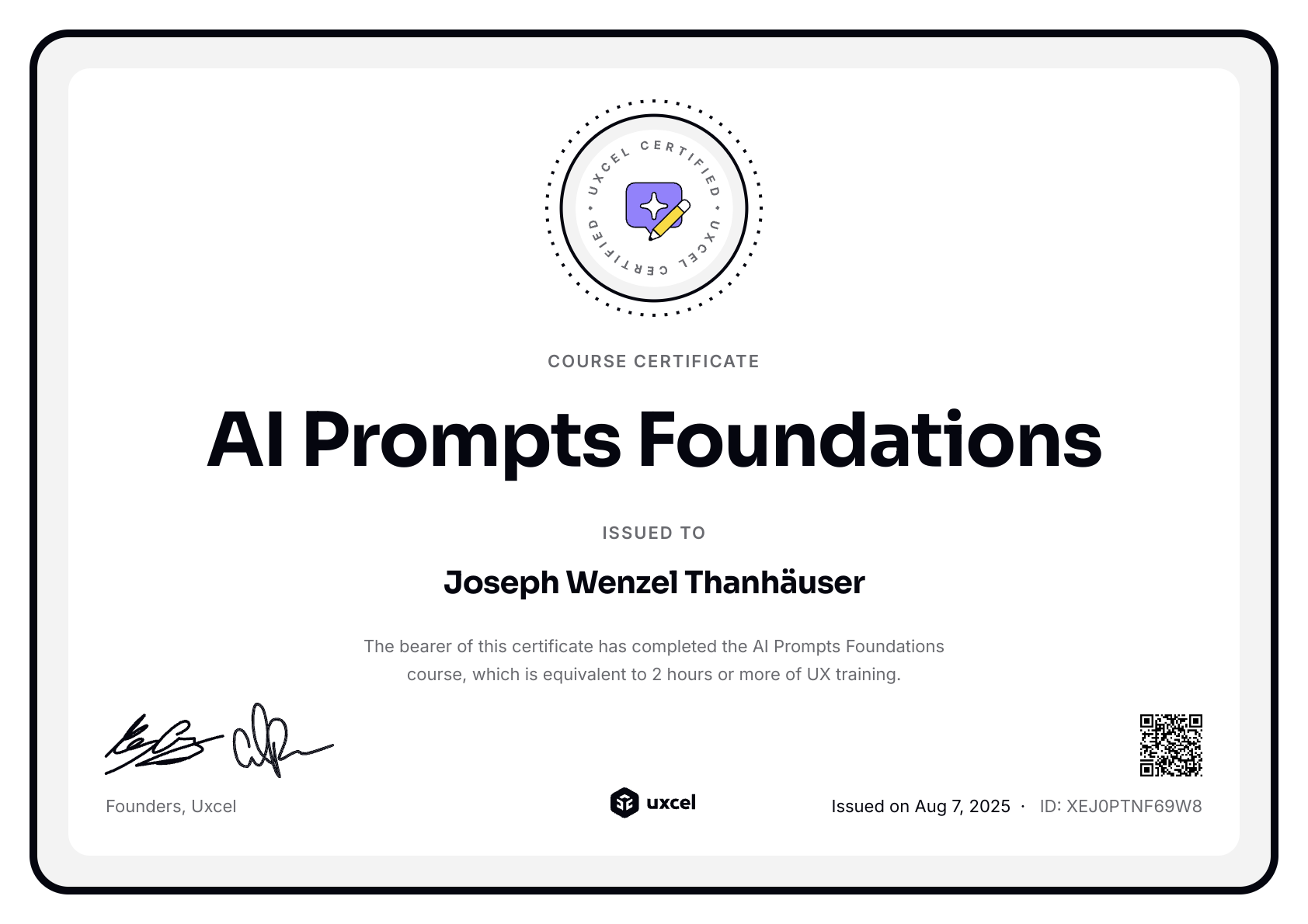 Joseph Wenzel Thanhäuser's certificate